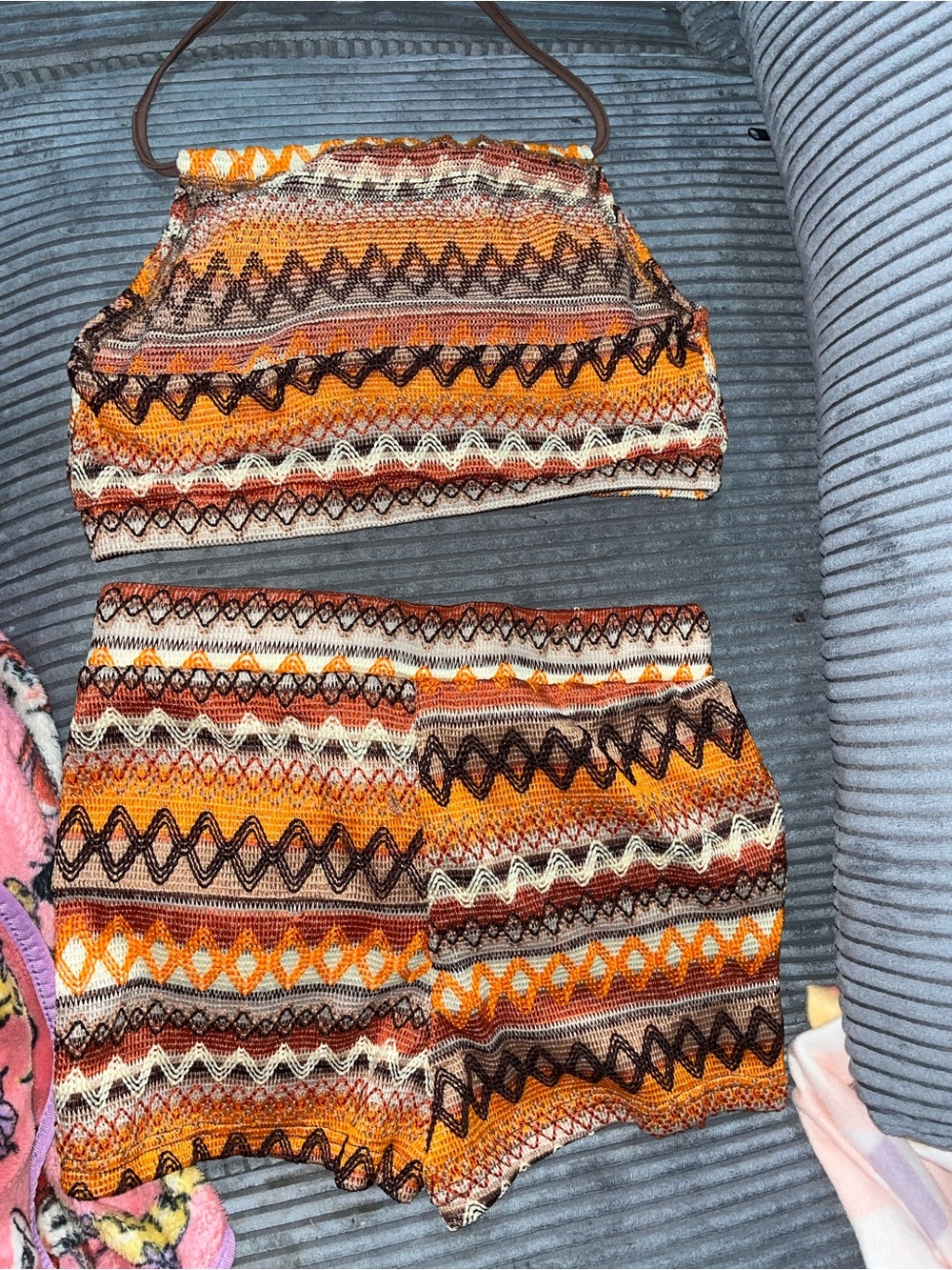 Striped Knit Crop Top and Shorts Set - Orange Multi SHEIN M